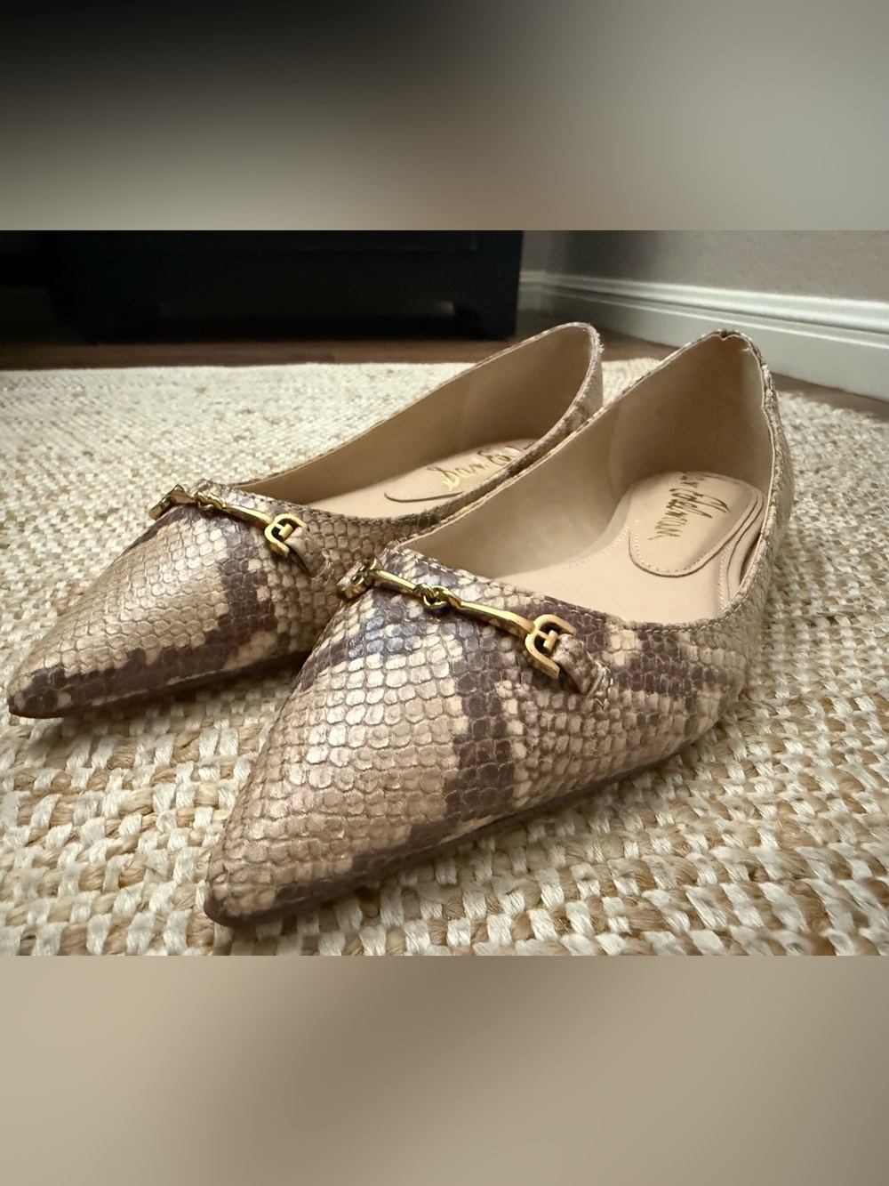 Sam Edelman Beige and Brown Snake-Print Pointed Toe Flats with Gold Bit